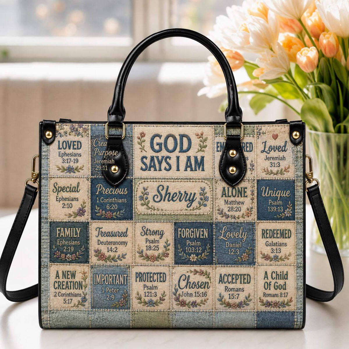 Personalization God Says I Am Leather Handbag, Bible Verse Handbag,Printed Floral Patchwork Faith Handbag,  Gift for Women Christian