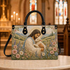 Personalized Jesus Shepherd Leather Handbag, Custom Name Jesus With Lamb Purse, Floral Christian Faith Bag, Religious Church Gift for Women
