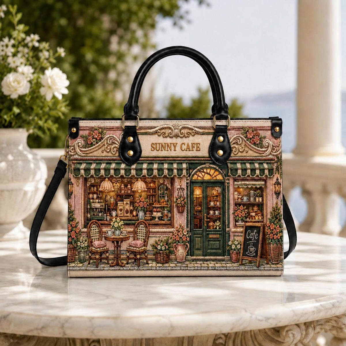Custom Sunny Vintage Floral Coffee Shop Leather Handbag | Coffee Lovers & Baristas | 3DH--012
