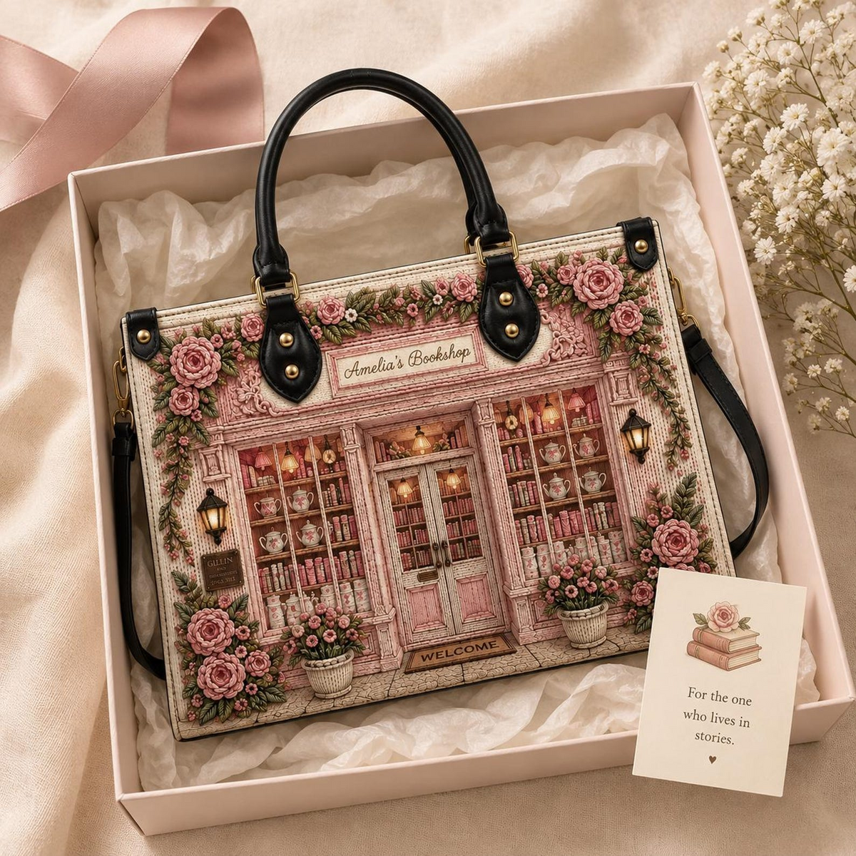 Personalized Pink Cottagecore Bookshop Leather Handbag | Book Lovers & Readers | 3DH--003