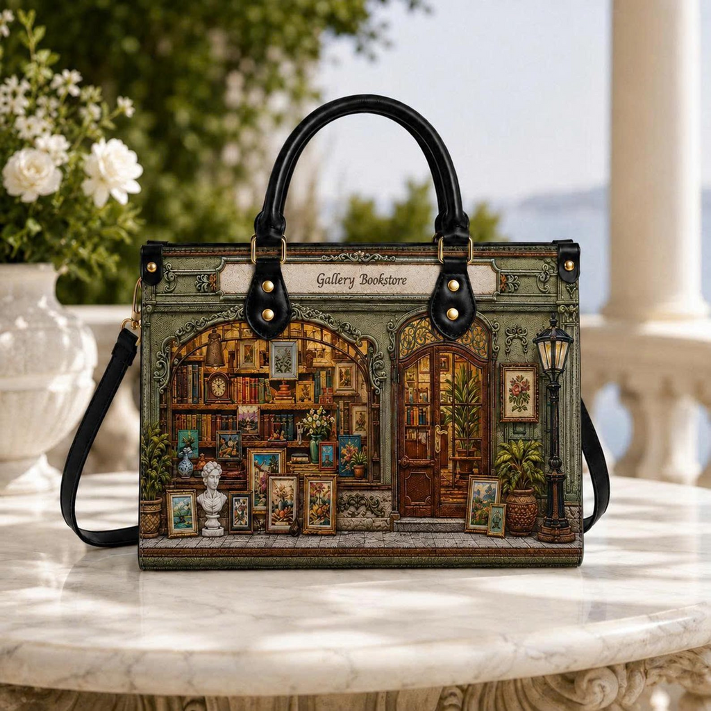 Custom Vintage Bookstore Art Gallery Leather Handbag | Book Lovers & Artists | 3DH--012