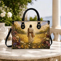 Custom Jesus Wildflower Leather Handbag, Christian Faith Leather Purse, Walking With Jesus Floral Bag, Religious Gift for Christian Women