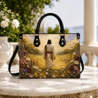 Custom Jesus Wildflower Leather Handbag, Christian Faith Leather Purse, Walking With Jesus Floral Bag, Religious Gift for Christian Women