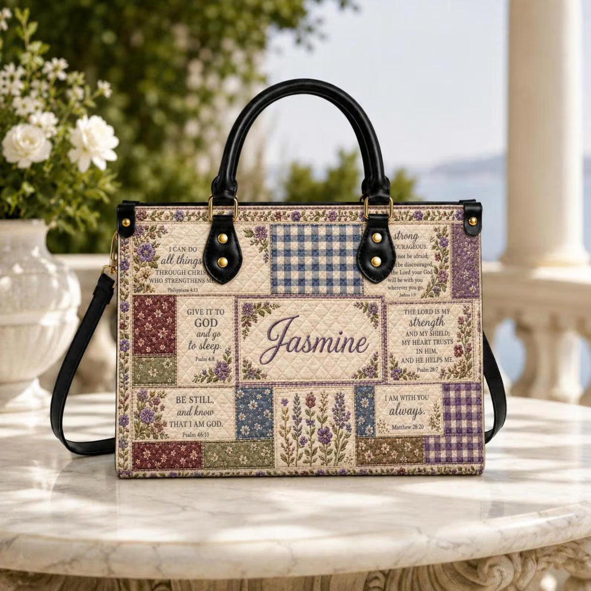 Personalized Christian Leather Handbag, Custom Name Bible Verse Purse, Floral Faith Faux Patchwork Bag, Christian Gift for Women