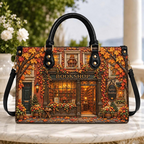 Personalized Cozy Autumn Bookshop Leather Handbag | Book Lovers & Readers