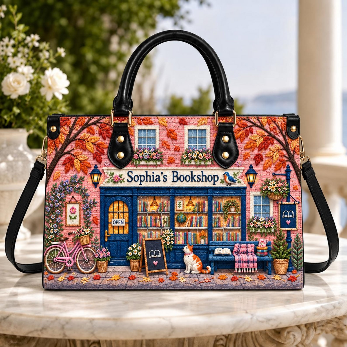 Personalized Pink Autumn Cat Bookshop Handbag | Cat Lovers & Book Readers