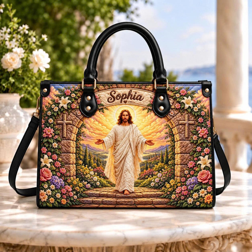 Personalized Christian Leather Handbag, Jesus Floral Purse, Custom Name Faith Bag, Cross Religious Handbag, Christian Gift for Women