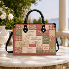 Personalized Christian Leather Handbag, Bible Verse Faux Quilt Purse, Floral Scripture Faith Bag, Religious Gift for Women Moms and Friends