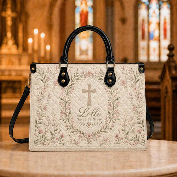 Personalized Christian Leather Handbag, Saved by Grace Cross Bag | Handbag-003-Huy