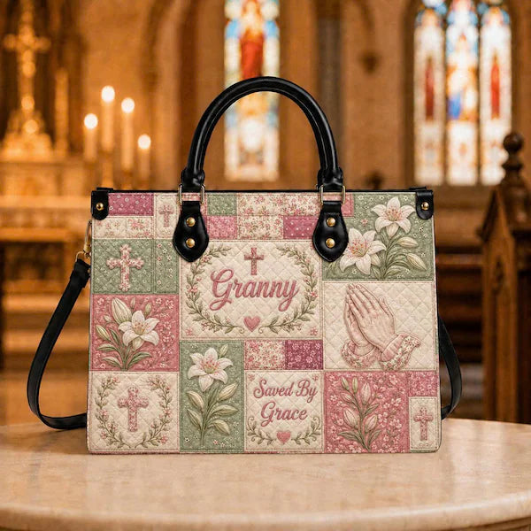 Personalized Christian Faux Patchwork Leather Handbag, Saved by Grace Quilted Bag, Floral Cross Prayer, Faith Gift for Christian Women