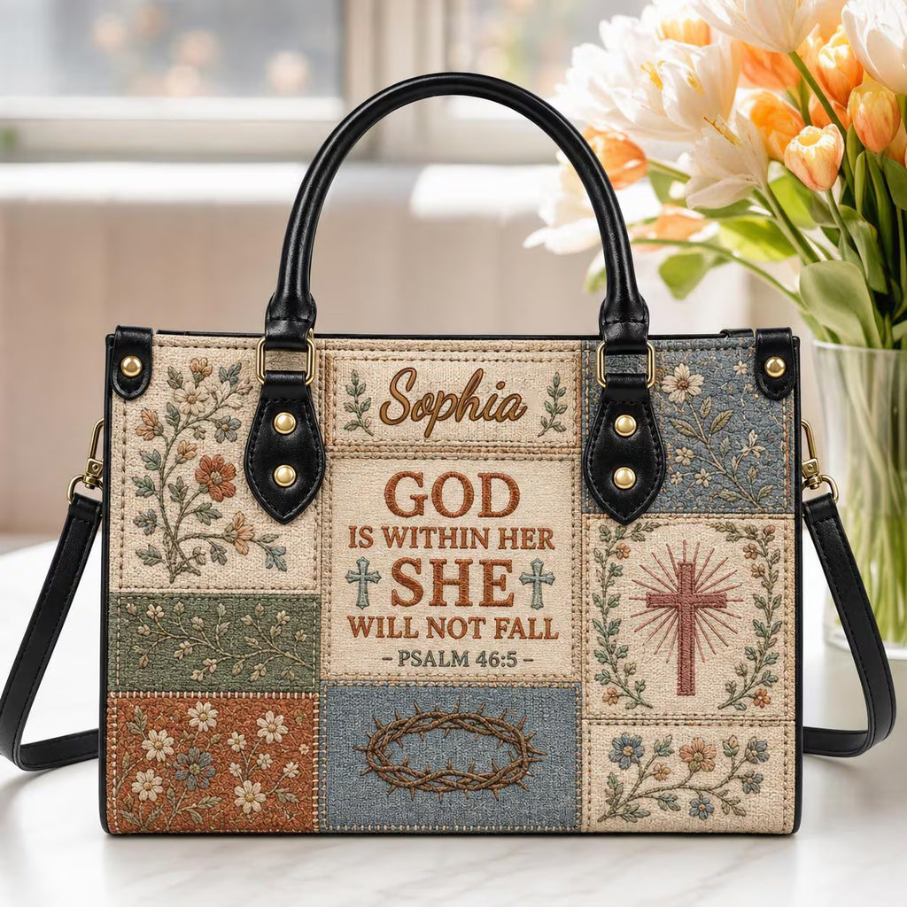 Personalization Leather Handbag With Zipper, Bible Verse HandBag, Scripture Handbag, God Is Within Her, She Will Not Fall