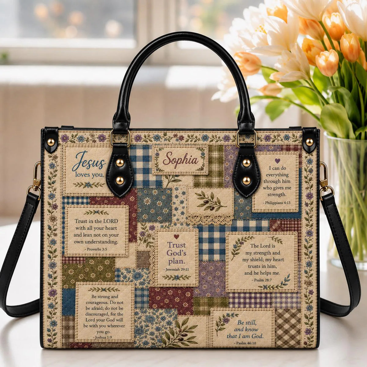 Personalization Christian Leather Handbag With Zipper, Bible Verse Handbag,Printed Floral Patchwork Faith Handbag,  Gift for Women Christian | 3DH-Christian-01