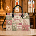 Personalized Christian Faux Patchwork Leather Handbag, Saved by Grace Quilted Bag, Floral Cross Prayer , Faith Gift for Christian Women