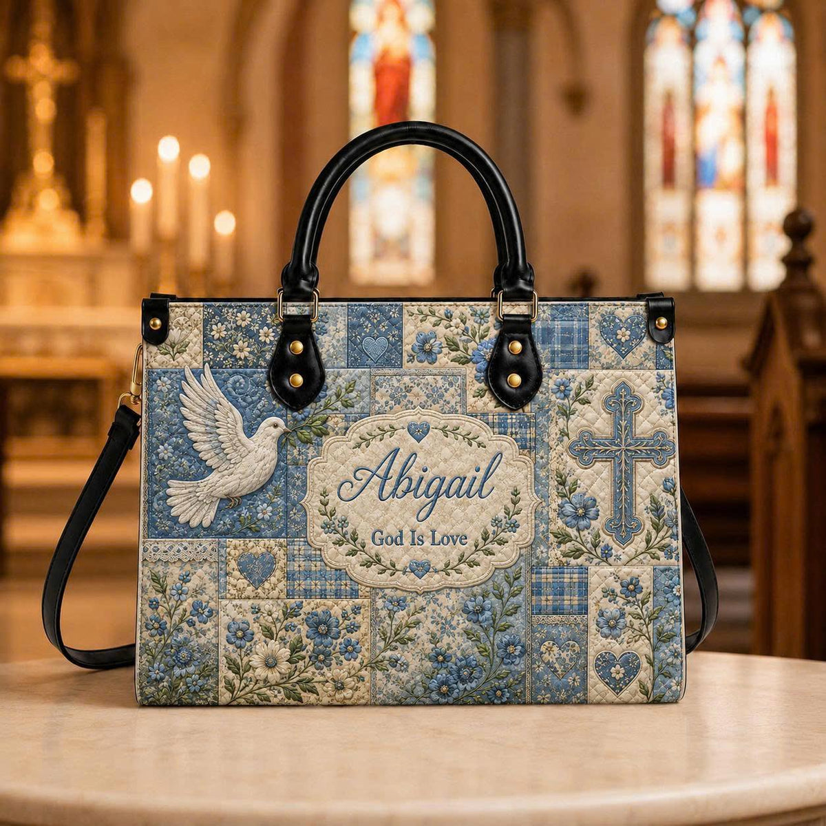 Personalized Christian Leather Handbag, God Is Love Cross Purse, Custom Name Blue Floral Dove Bag, Faith Inspired Gift for Christian Women