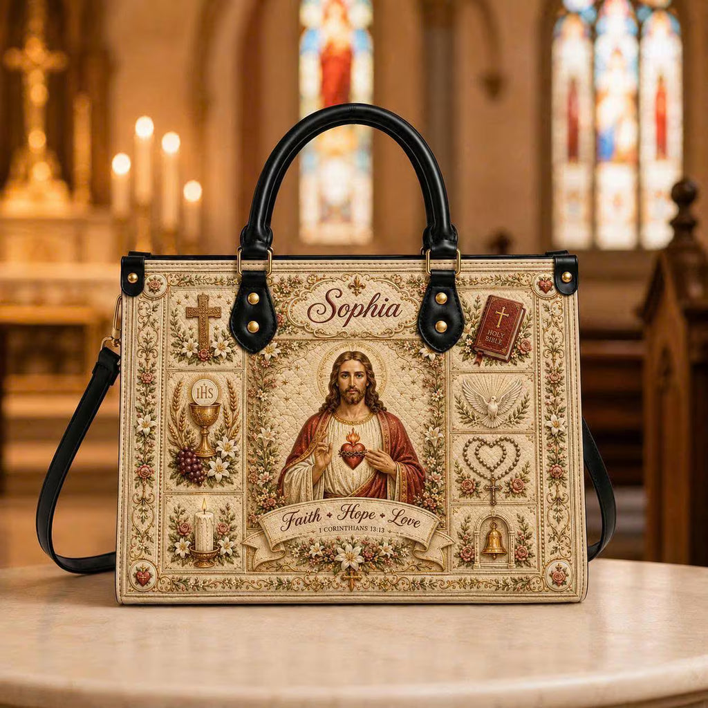 Personalized Sacred Heart Jesus Leather Handbag, Custom Name Catholic Bag, Faith Hope Love Bible Bag, Religious Gift for Christian Women