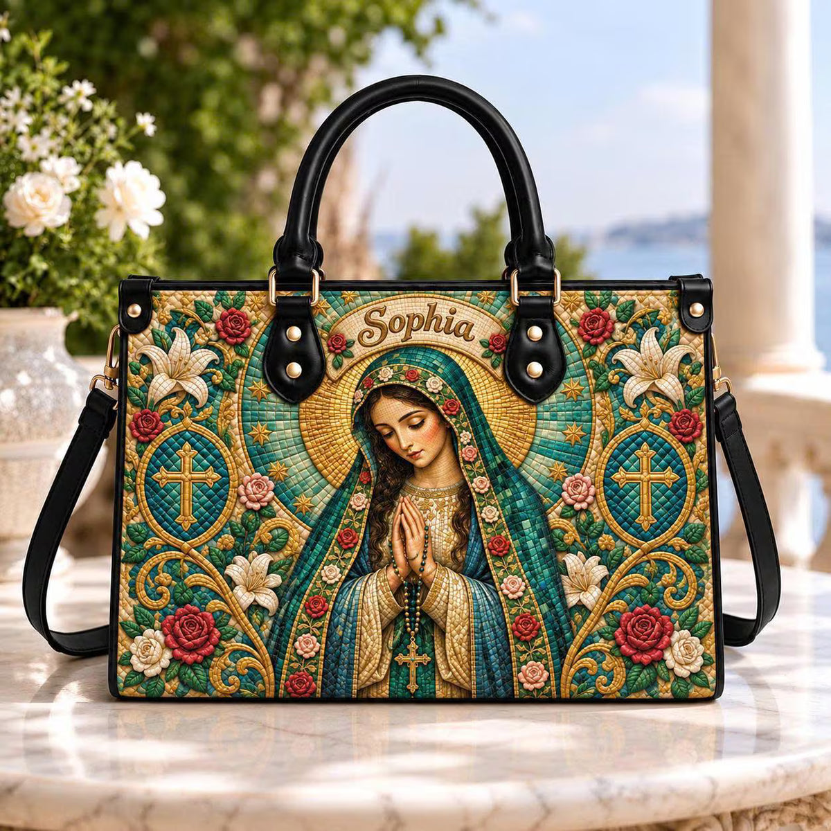 Personalized Virgin Mary Leather Handbag, Christian Floral Purse, Catholic Faith Bag, Custom Name Religious Handbag, Marian Gift for Women