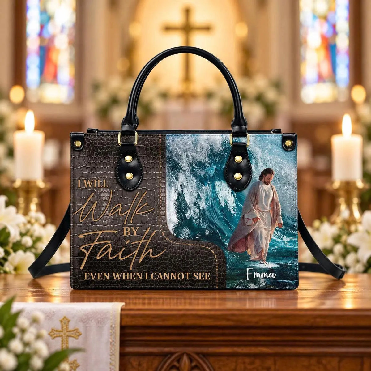 Personalized Christian Leather Handbag, Walk by Faith Jesus Purse, Custom Name Religious Bag, Inspirational Faith Gift for Women or Mom