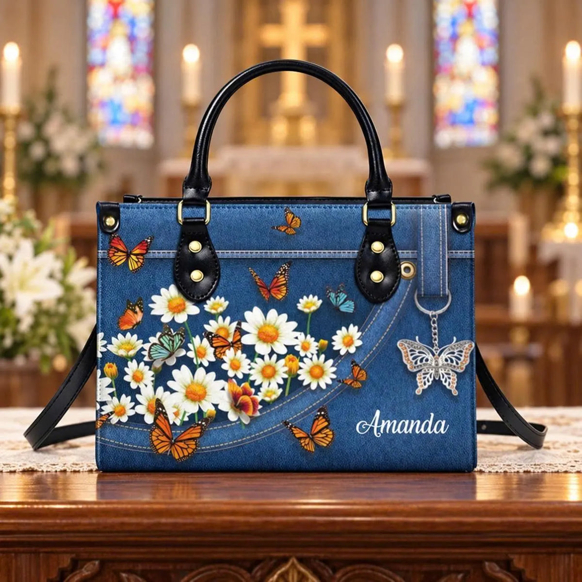 Personalized Butterfly Daisy Leather Handbag, Custom Name Floral Purse, Denim Style Flower Bag, Nature Lover Gift for Women and Girls