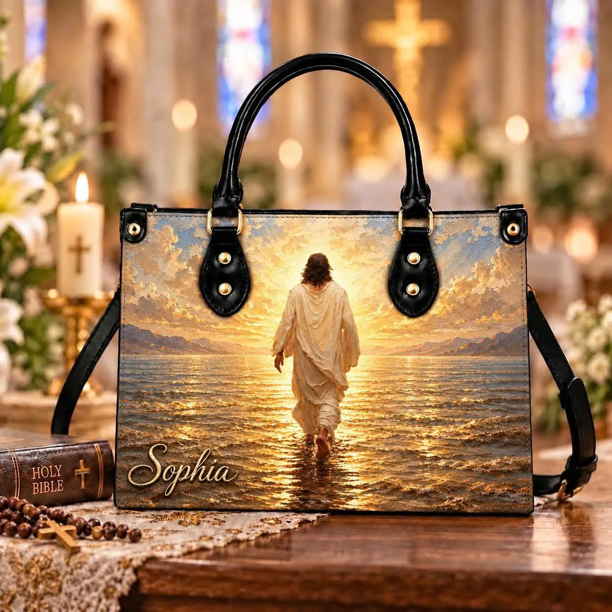 Personalized Jesus Walking on Water Handbag, Custom Name Christian Leather Purse, Faith Gift for Women, Religious Shoulder Bag, Church Gift