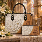 Personalized It Is Well With My Soul Leather Handbag,Custom Name Christian Floral Purse, Faith Gift for Women, Religious Church Shoulder Bag