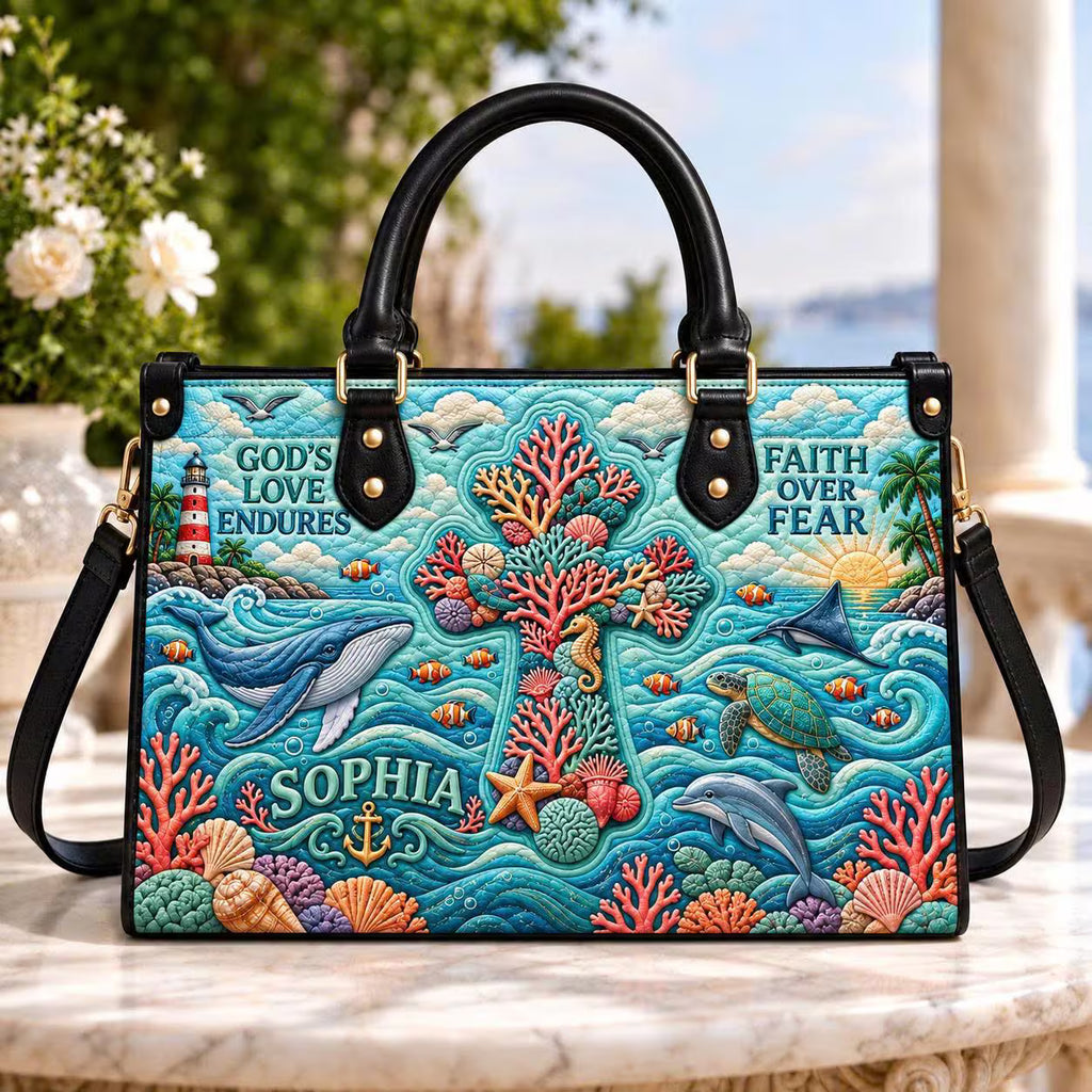 Personalized Christian Ocean Leather Handbag, Faith Over Fear Purse, Coral Cross Sea Life Bag, Custom Name Coastal Christian Gift for Her