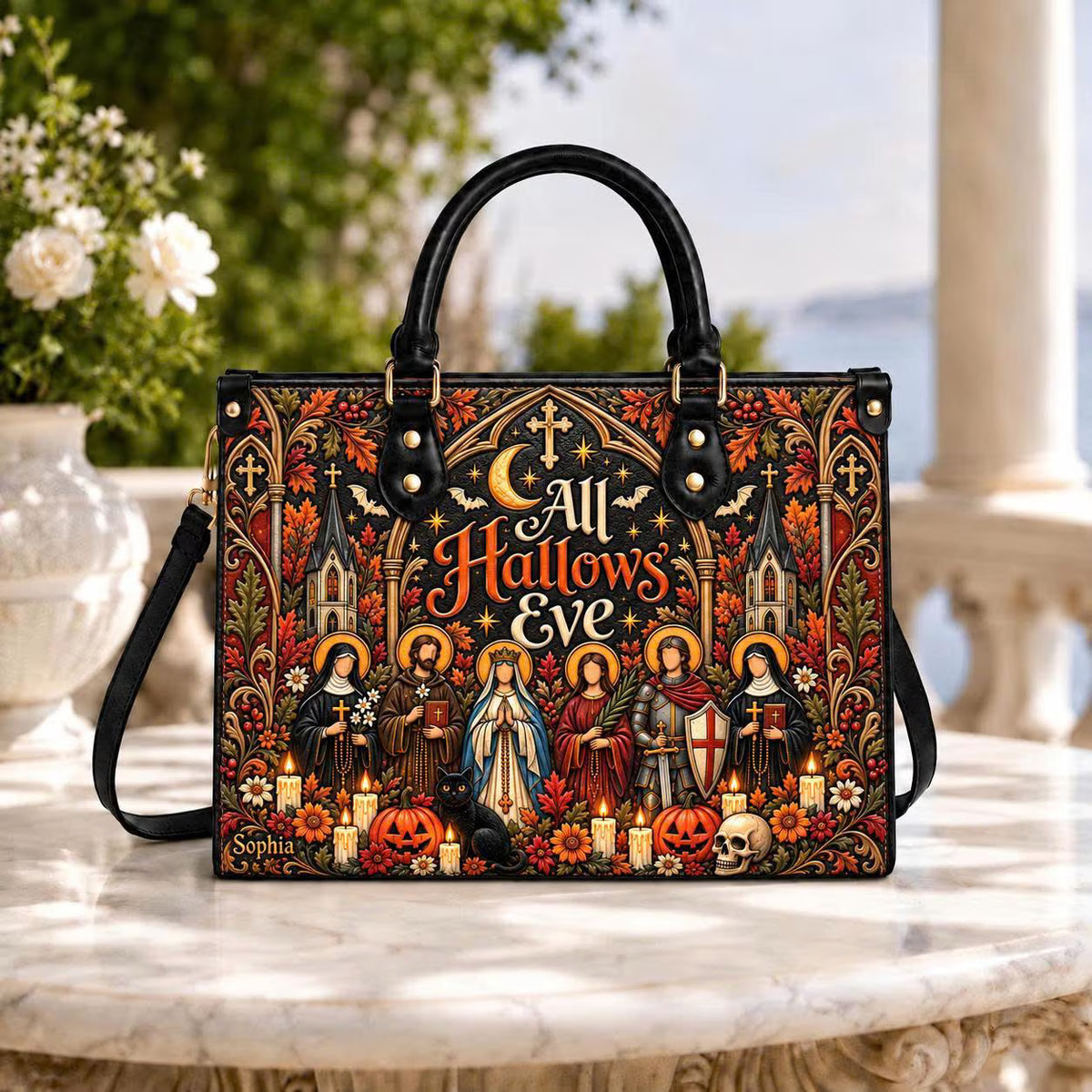 Personalized All Hallows Eve Leather Handbag, Catholic Saints Purse, Christian Halloween Bag, Faith Autumn Gift for Women, Religious Handbag