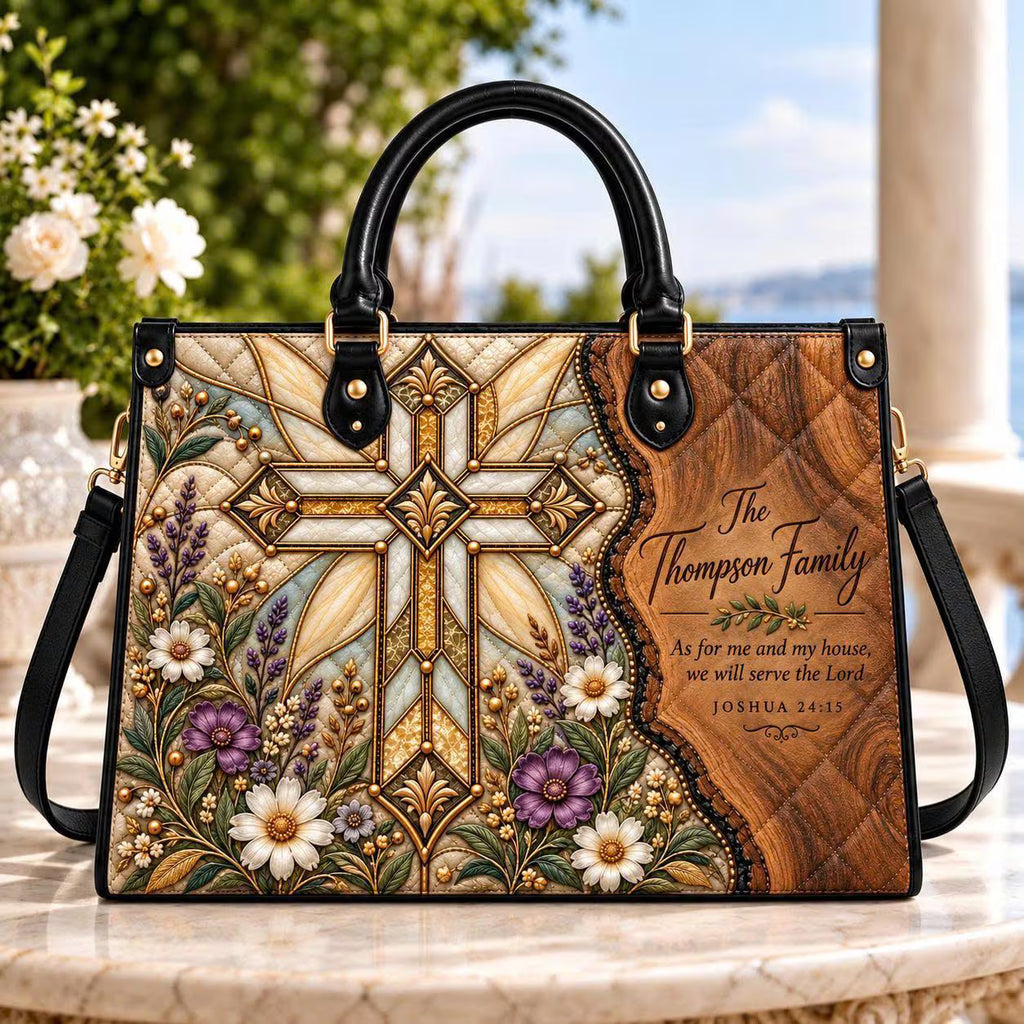 Personalized Christian Family Leather Handbag, Floral Cross Scripture Purse, Custom Family Name Faith Gift for Women