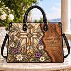 Personalized Christian Family Leather Handbag, Floral Cross Scripture Purse, Custom Family Name Faith Gift for Women