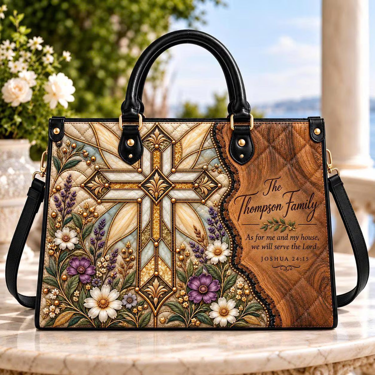 Personalized Christian Family Leather Handbag, Floral Cross Scripture Purse, Custom Family Name Faith Gift for Women