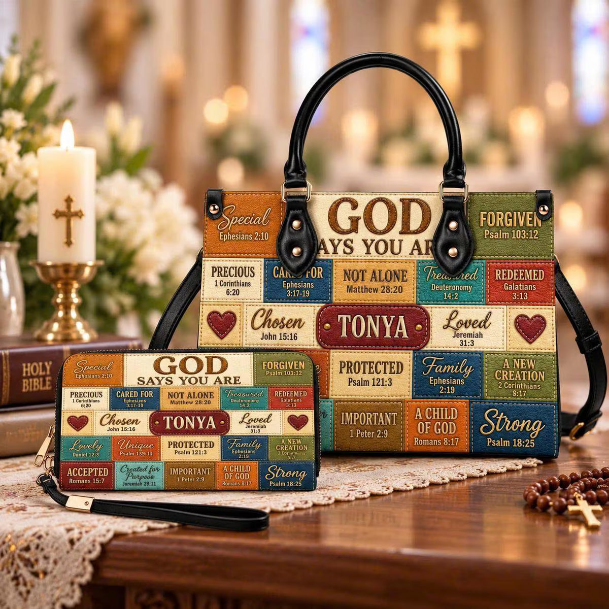 Personalized Christian Scripture Leather Handbag,Bible Verse Faux Patchwork,Custom Name Faith Bag,Inspirational Religious Gift for Women