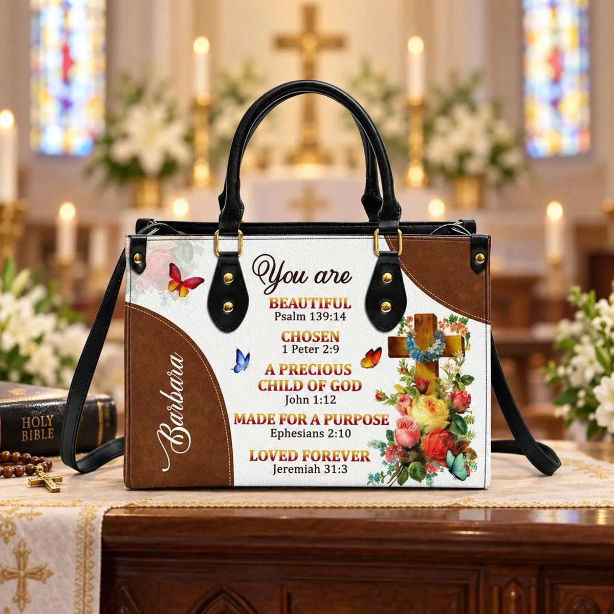 Personalized Christian Leather Handbag, Bible Verse Faith Purse, Custom Name Child of God Bag, Religious Inspirational Gift for Women