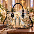 Personalized Virgin Mary Leather Handbag, Custom Name Catholic Purse, Floral Christian Gift for Women, Religious Faith Shoulder Bag