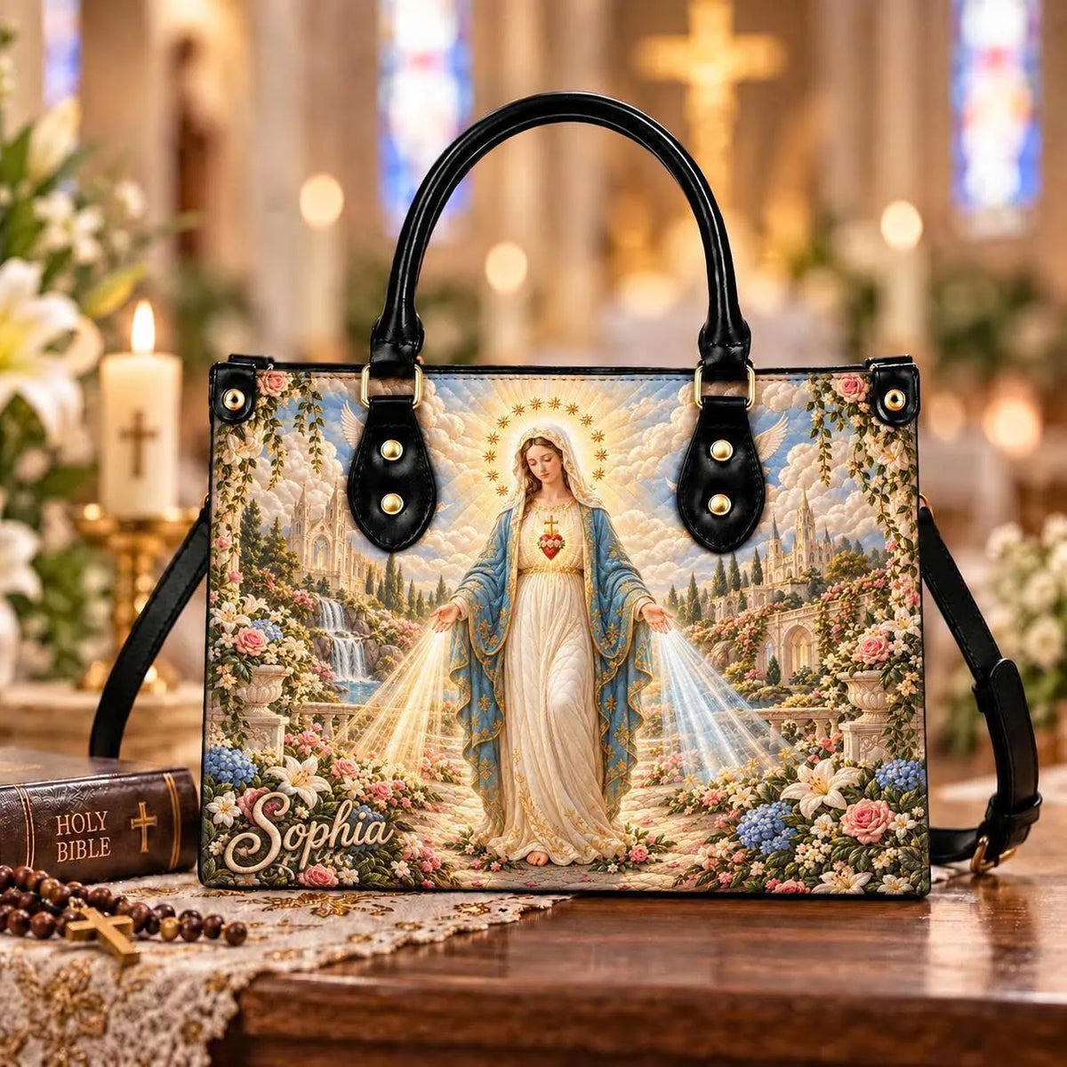 Personalized Virgin Mary Leather Handbag, Custom Name Catholic Purse, Floral Christian Gift for Women, Religious Faith Shoulder Bag