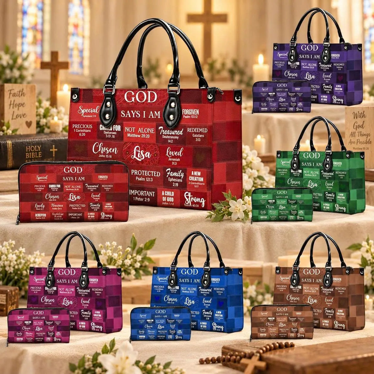 Personalized God Says I Am Leather Handbag and Wallet, Custom Name Christian Gift for Women, Bible Verse Faith Purse Religious Bag Gift