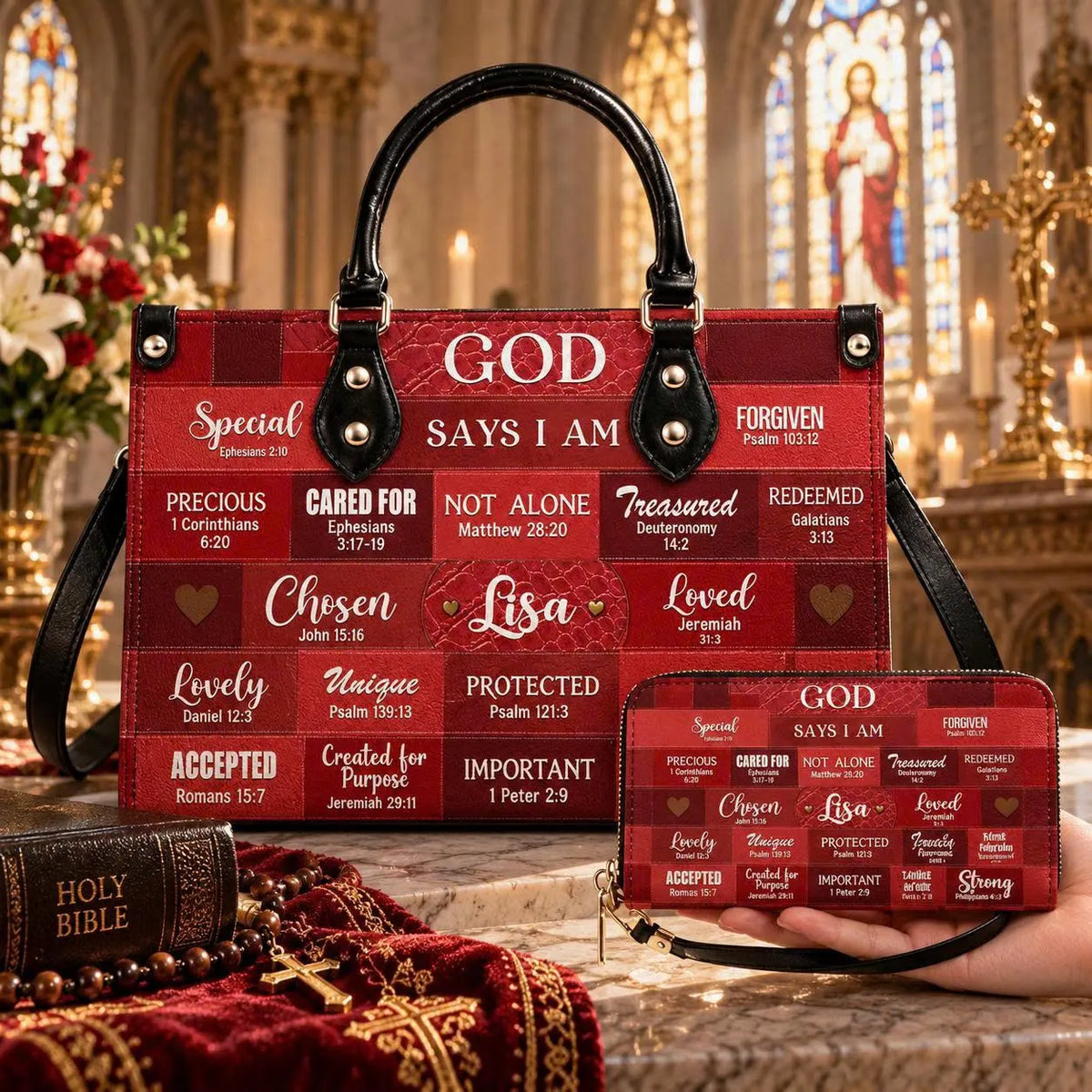 Personalized God Says I Am Leather Handbag and Wallet, Custom Name Christian Gift for Women, Bible Verse Faith Purse Religious Bag Gift