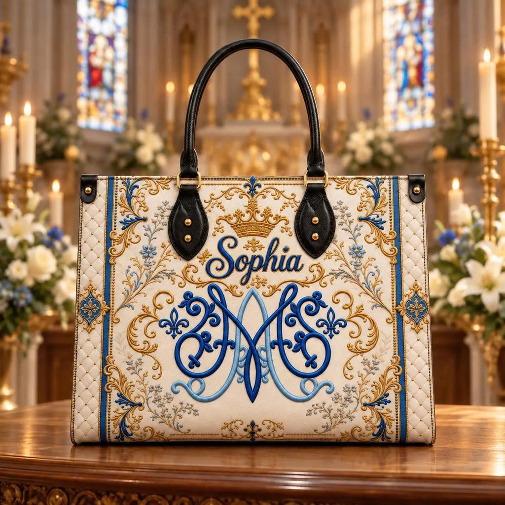 Personalized Christian Leather Handbag, Custom Name Royal Monogram Purse, Blue Gold Initial Bag, Custom Name Faith Gift for Her