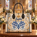 Personalized Christian Leather Handbag, Custom Name Royal Monogram Purse, Blue Gold Initial Bag, Custom Name Faith Gift for Her