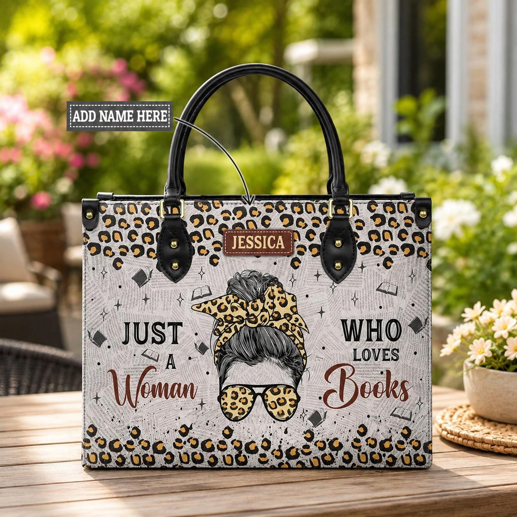 Personalized Leopard Print Book Lover Leather Handbag | Book Lovers & Readers | Handbag-003-Huy
