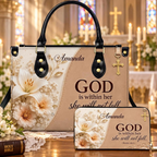 Personalized God Is Within Her Psalm 46:5 Floral Leather Handbag | Christian Women & Faith Lovers