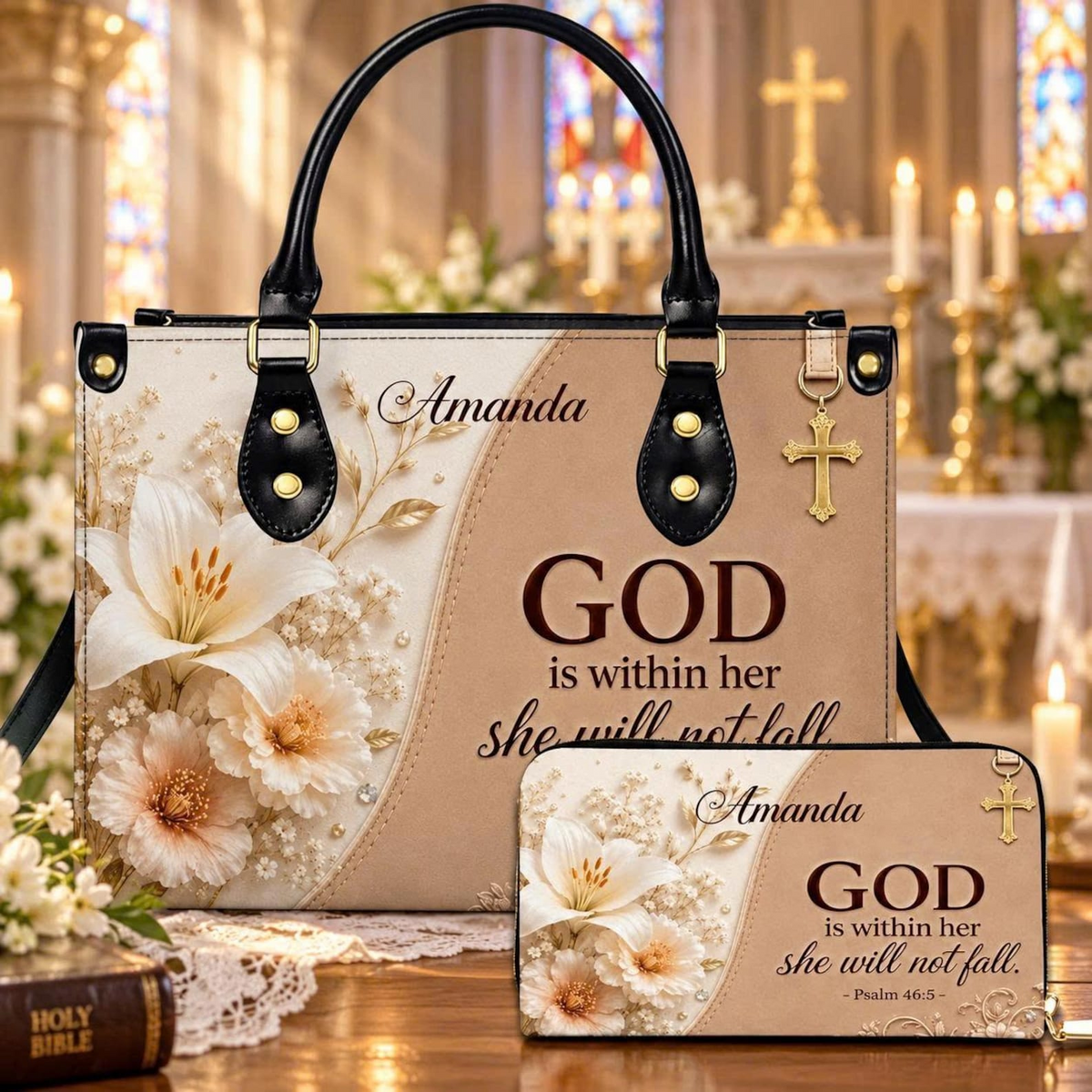 Personalized God Is Within Her Psalm 46:5 Floral Leather Handbag | Christian Women & Faith Lovers