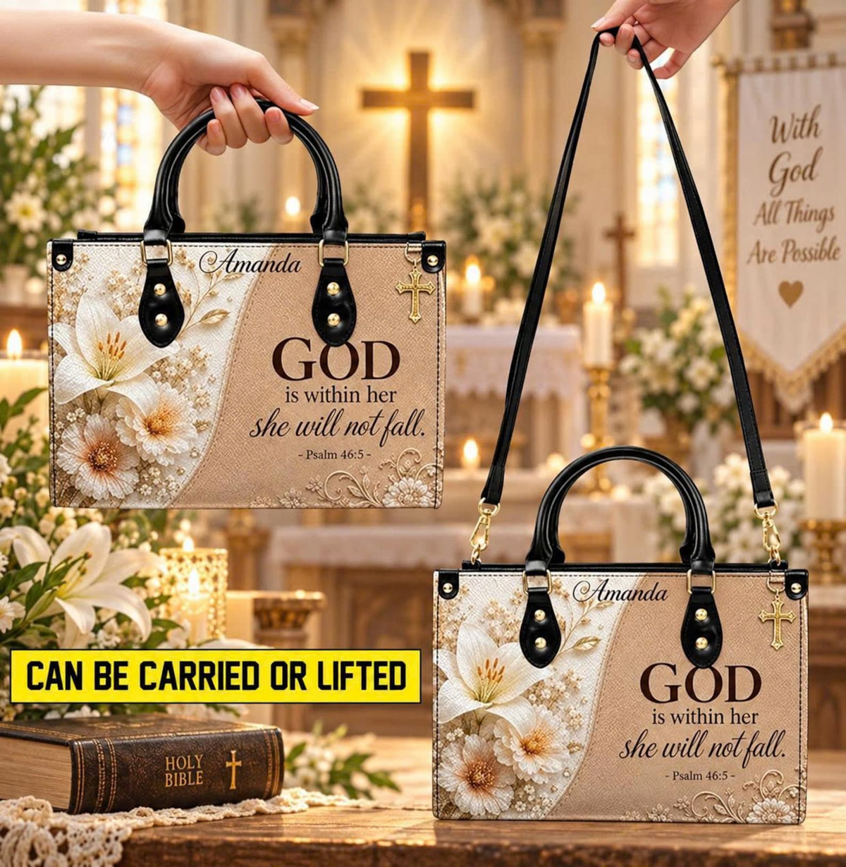 Personalized God Is Within Her Psalm 46:5 Floral Leather Handbag | Christian Women & Faith Lovers