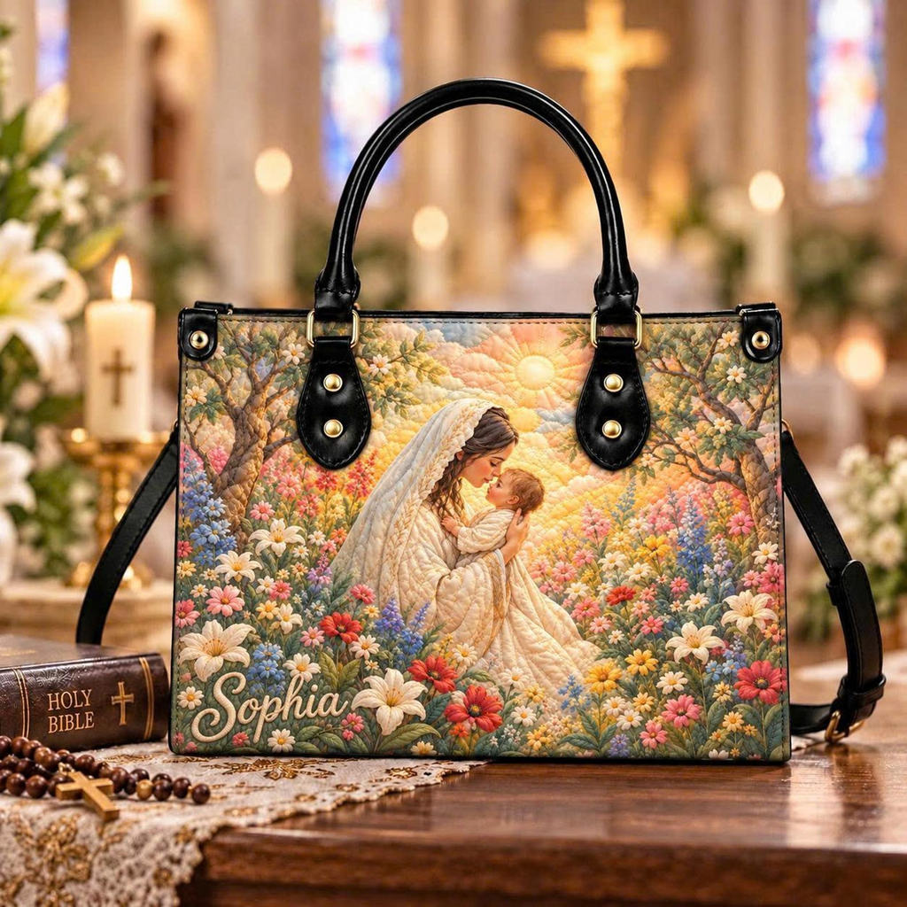 Floral Divine Grace | Personalized Virgin Mary & Baby Jesus Leather Handbag for Women