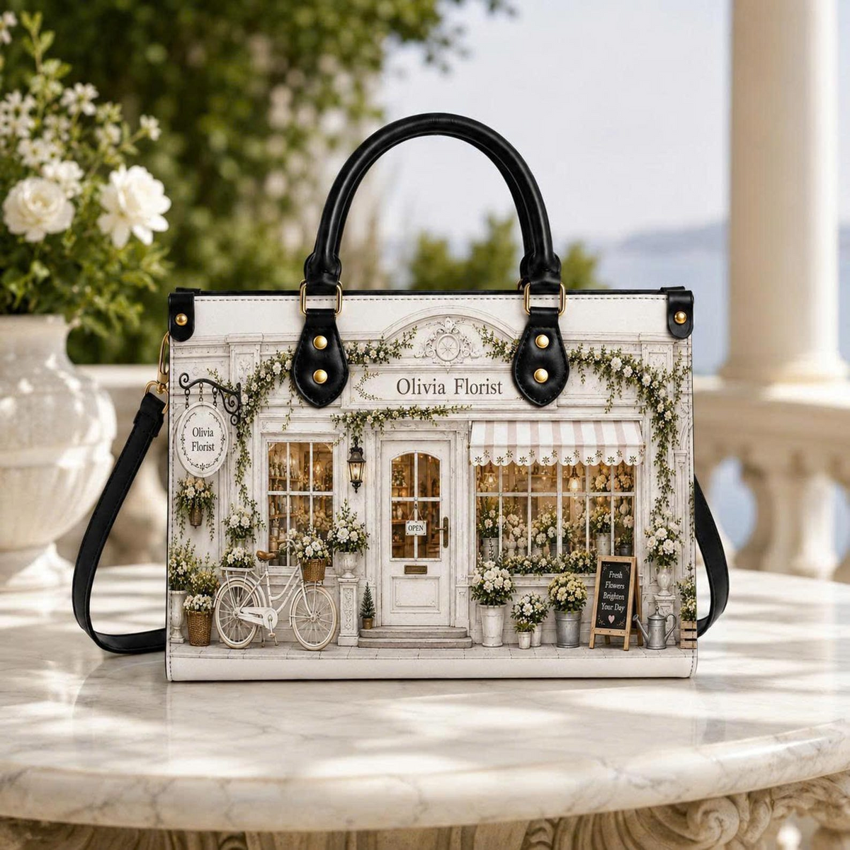 Personalized Elegant White Floral Boutique Leather Handbag | Flower Lovers & Gardeners | 3DH--007