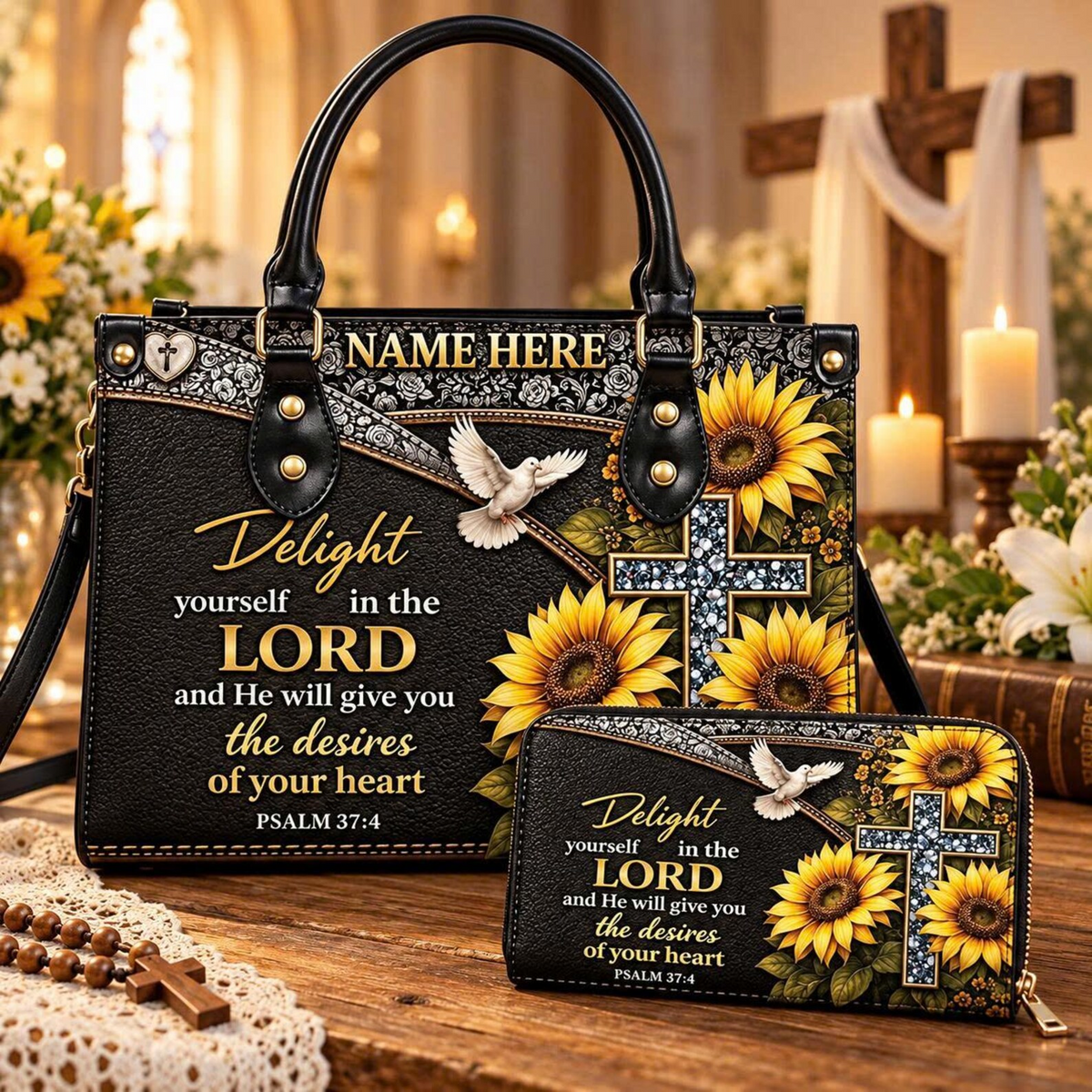 Personalized Psalm 37:4 Sunflower Cross Leather Handbag | Christian Women & Faith Lovers
