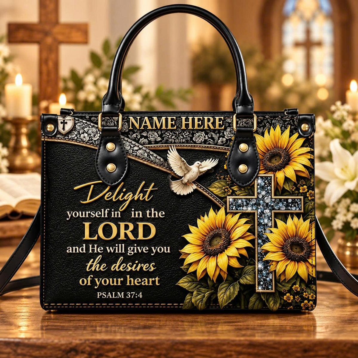 Personalized Psalm 37:4 Sunflower Cross Leather Handbag | Christian Women & Faith Lovers