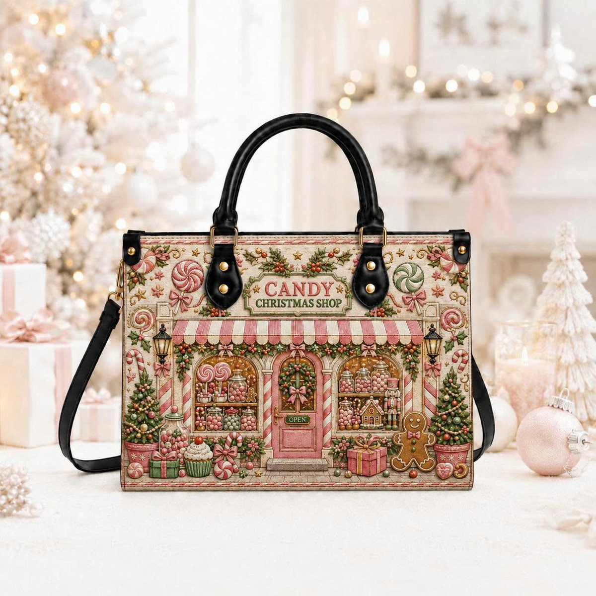 Pink Peppermint Christmas Candy Shop | Personalized Leather Handbag for Women & Candy Lovers