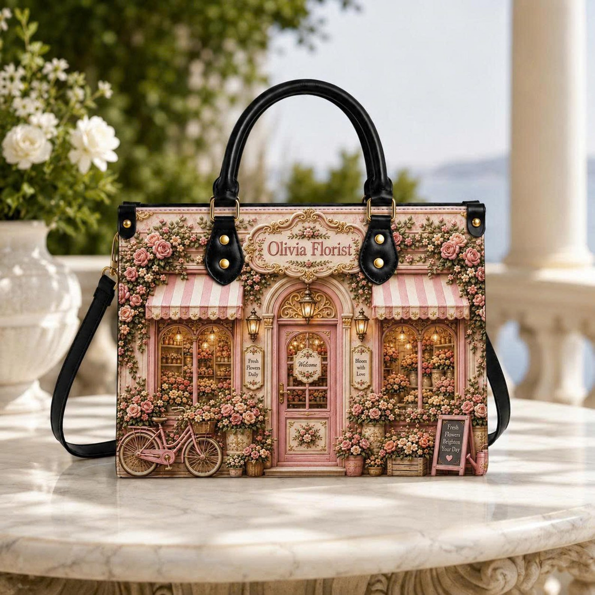 Personalized Pink Rose Florist Shop Leather Handbag | Flower Lovers & Gardeners | 3DH--007