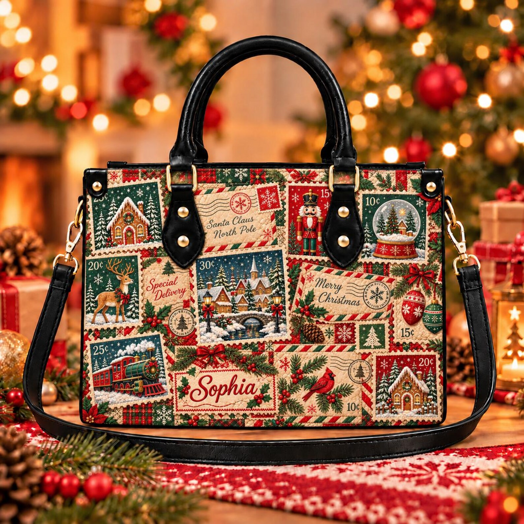 Vintage North Pole Postage | Personalized Christmas Leather Handbag for Women