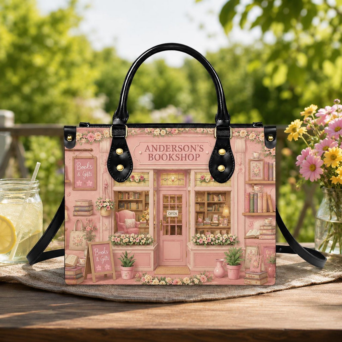 Personalized Pink Floral Cottagecore Bookshop Leather Handbag | Book Lovers & Readers | 3DH--007
