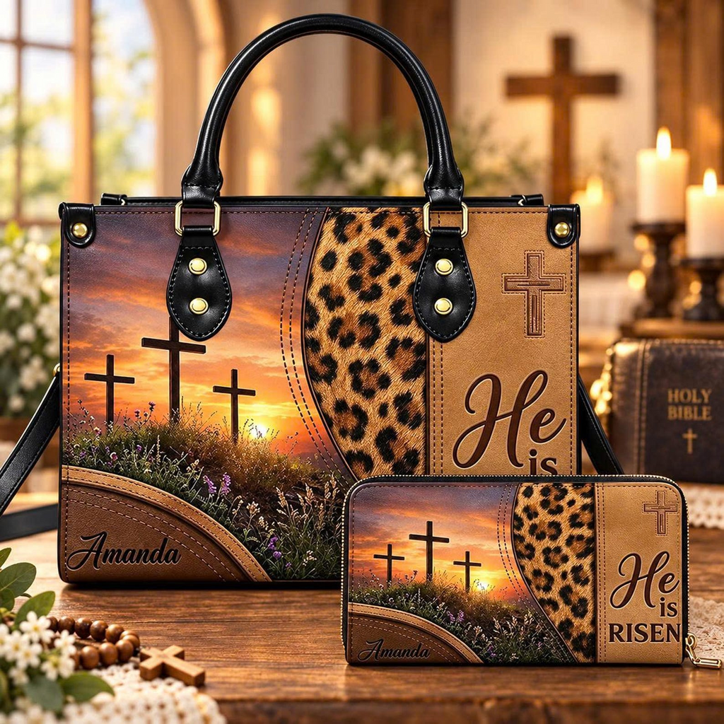 Personalized He Is Risen Easter Cross Leather Handbag | Christian Women & Faith Lovers